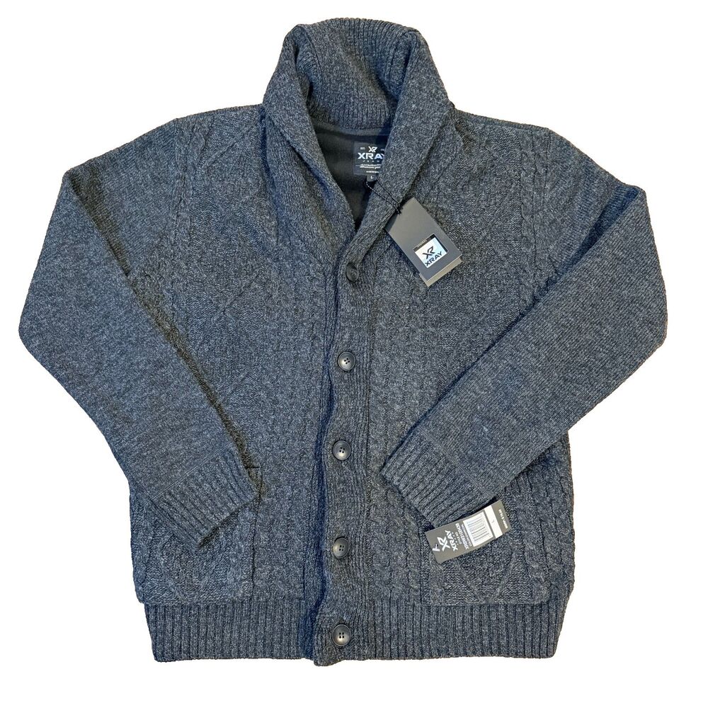 Xray Jeans Mens Cable Knit Shawl Collar Cardigan Charcoal Sweater NWT L